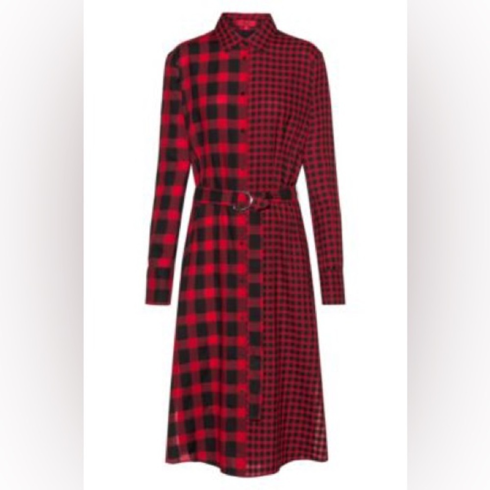 Hugo Boss Midi Shirt Dress Mixed Buffalo Checks with Belt 34 2 Small